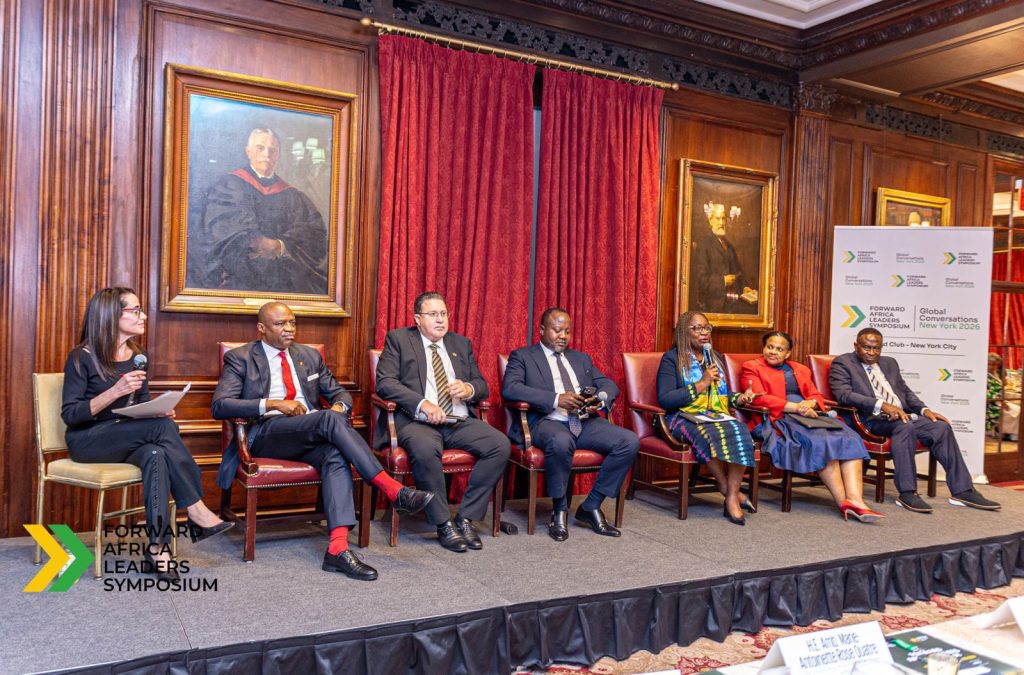 Panelists engage in a high-level discussion on translating political and institutional commitments into bankable and investable projects across Africa during the Forward Africa Leaders Symposium Global Conversations in New York. Pictured are (from right to left - Senior Vice President and Head of the Ghana Business Unit, Kosmos Energy - Joe Mensah; Boitumelo Mosako, Chief Executive Officer, Development Bank of Southern Africa; Marie-Laure Akin-Olugbade, Senior Vice President - African Development Bank Group (Speaking); Banji Fehintola, Executive Director and Head of Financial Services, Africa Finance Corporation; Pierre Laporte, Minister for Finance, Economic Planning, Trade and Investment, Republic of Seychelles; Oliver Alawuba, Group Managing Director and CEO, UBA Group; K Riva Levinson, President and CEO, KRL International LLC & moderator for the session
